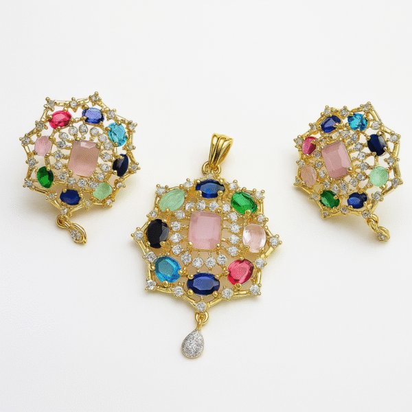 Multi-Colour Pendant Set with American Diamonds – Vibrant Jewellery | Tinywynk