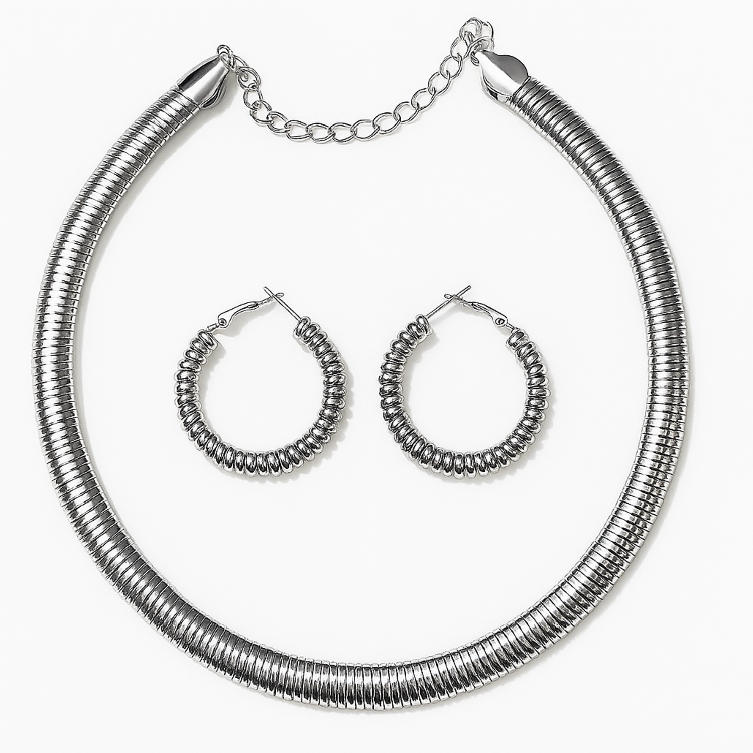 Chic Silver-Tone Coil Necklace & Hoop Earrings Set – Sleek Jewellery | Tinywynk